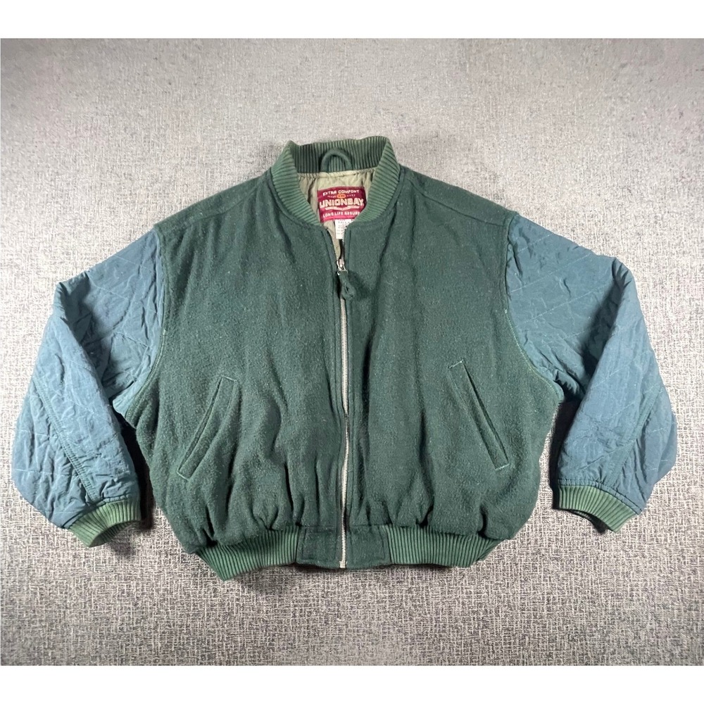 Unionbay Bomber Jacket Mens Medium Green Wool Blend Varsity Quilted Zip Vintage